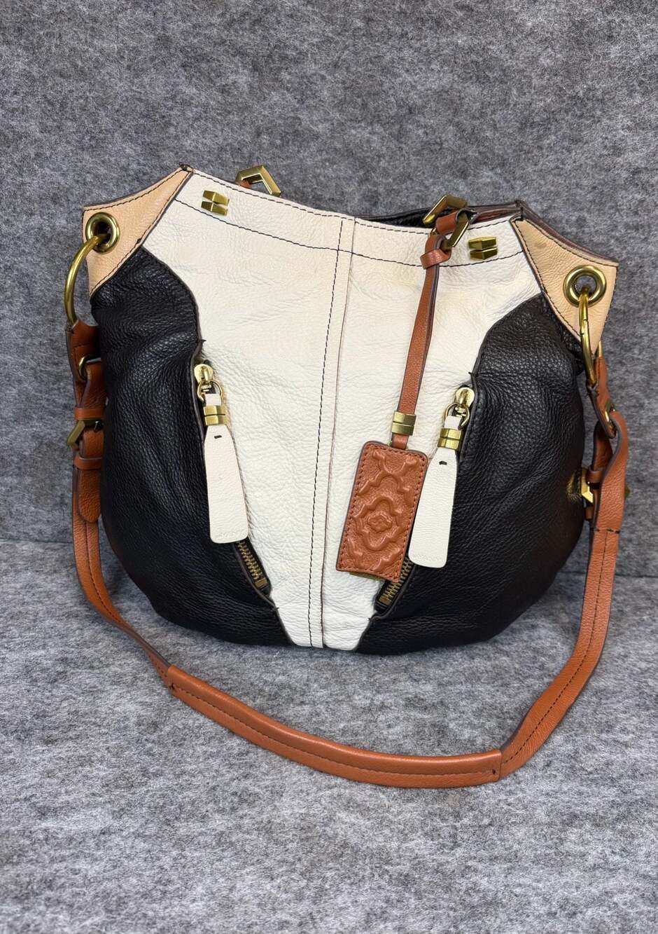 orYANY Colorblock Leather Shoulder Bag with Multi-Zip Details